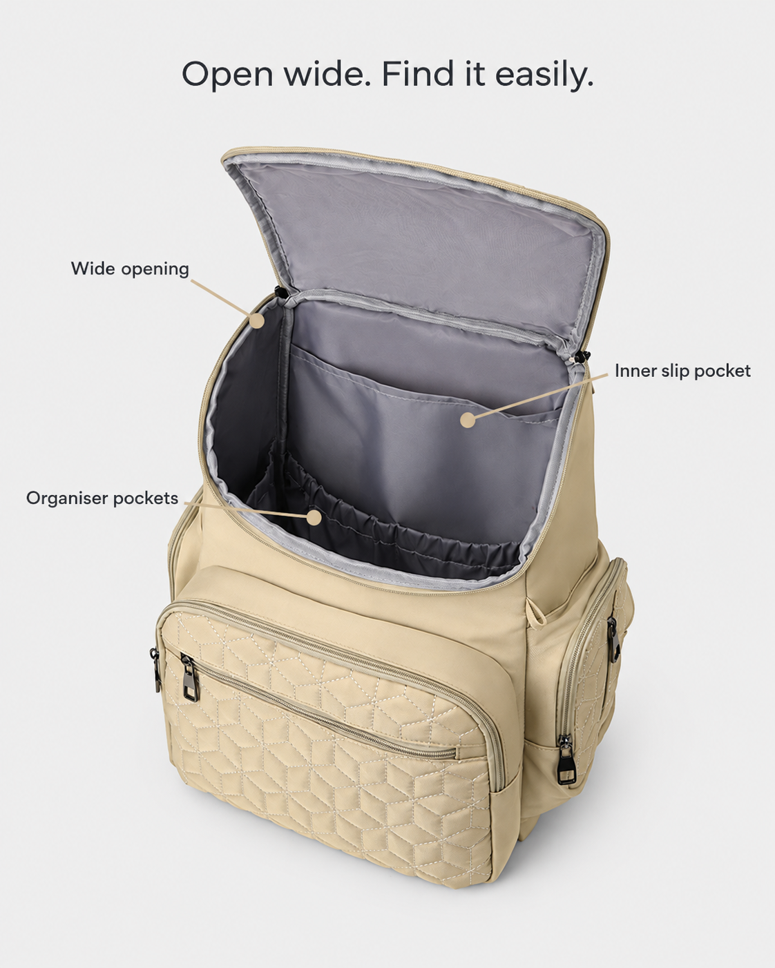 Khaki backpack open interior: wide opening, inner slip pocket and organiser pockets