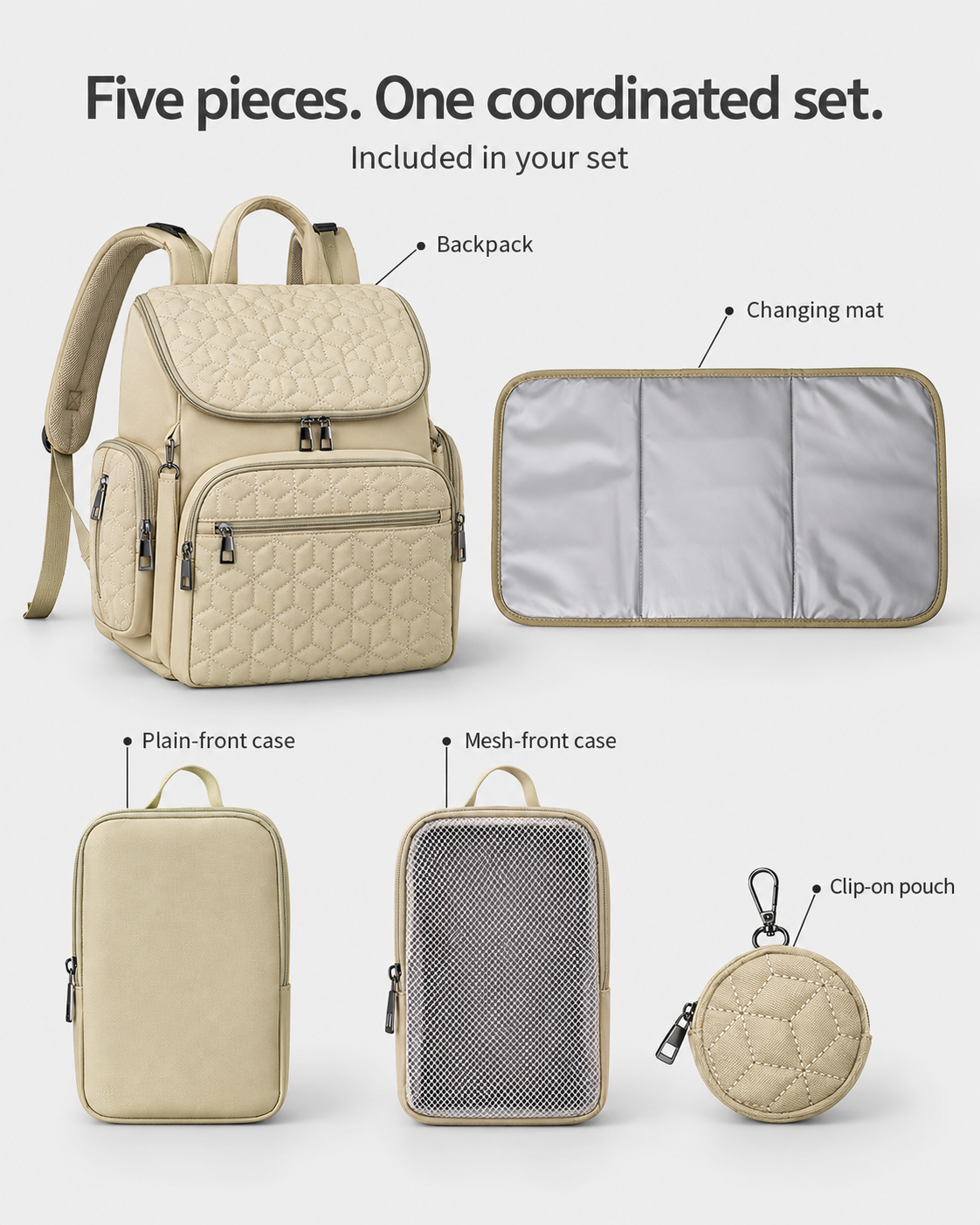 Five included pieces: backpack, changing mat, plain-front case, mesh-front case and clip-on pouch