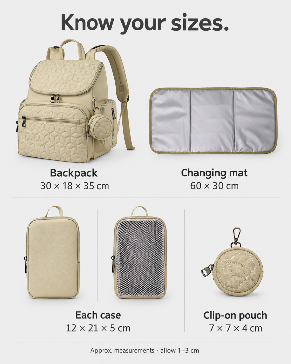 Set dimensions: backpack 30 × 18 × 35 cm, changing mat 60 × 30 cm, each case 12 × 21 × 5 cm, clip-on pouch 7 × 7 × 4 cm; pouch also shown separately for its measurements