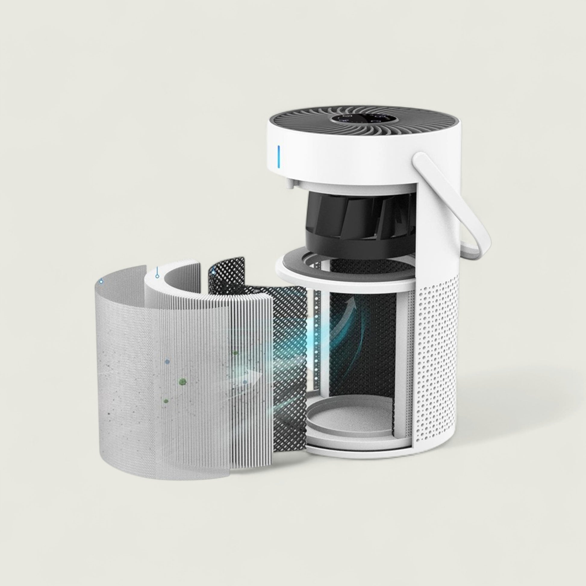 White and black electronic device with a mesh filter on a light gray background