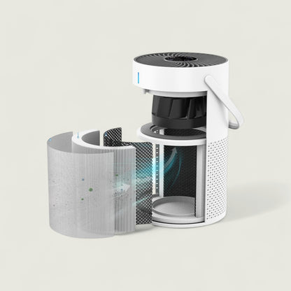 White and black electronic device with a mesh filter on a light gray background