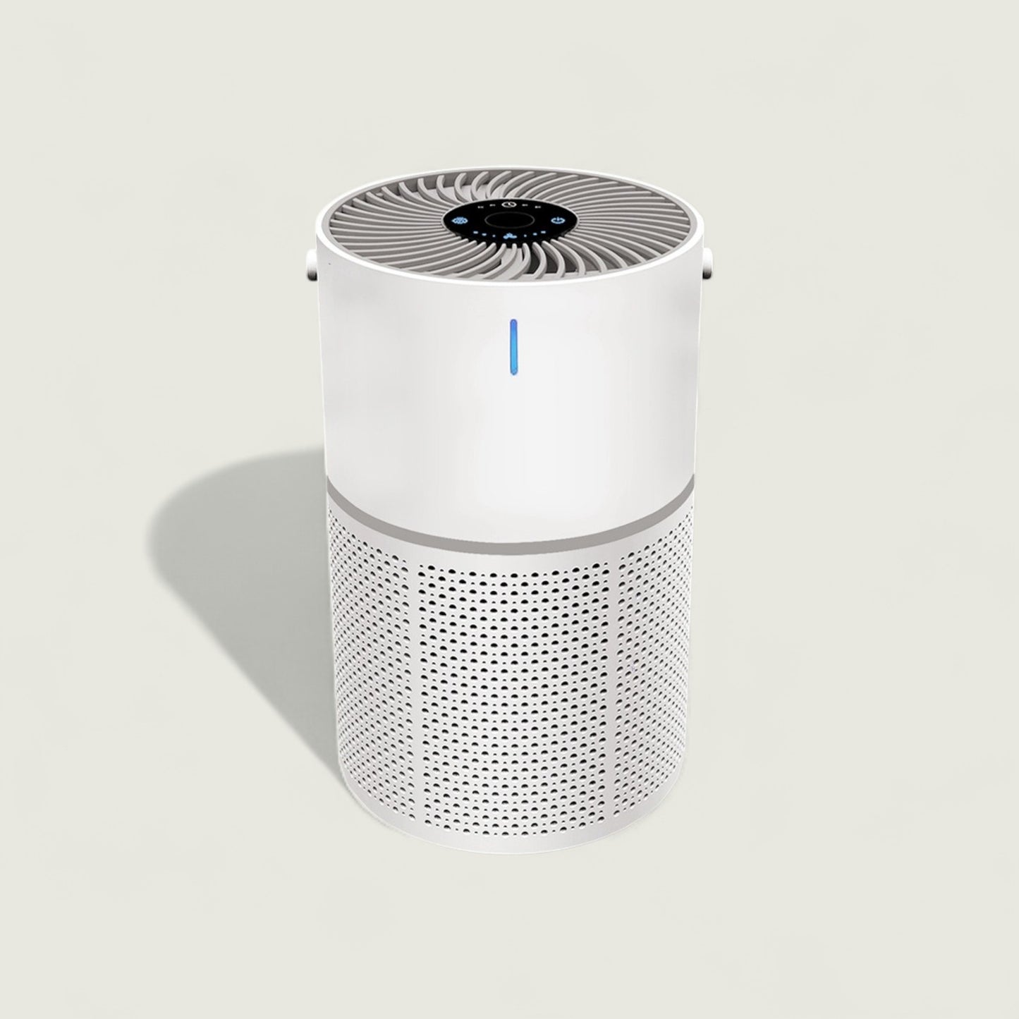 White air purifier with a blue light on a light gray background