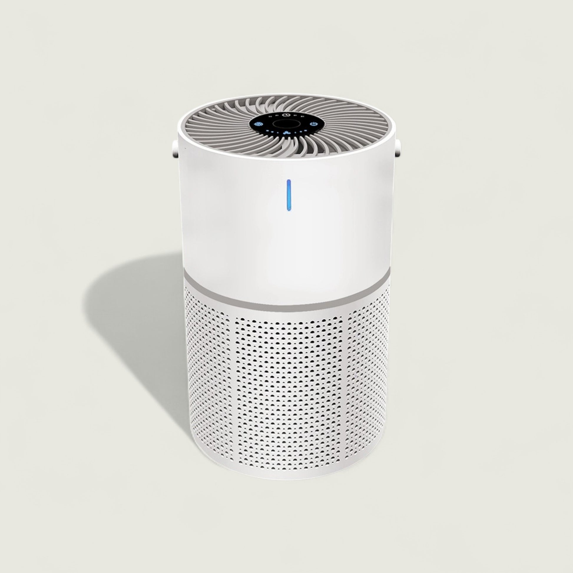 White air purifier with a blue light on a light gray background