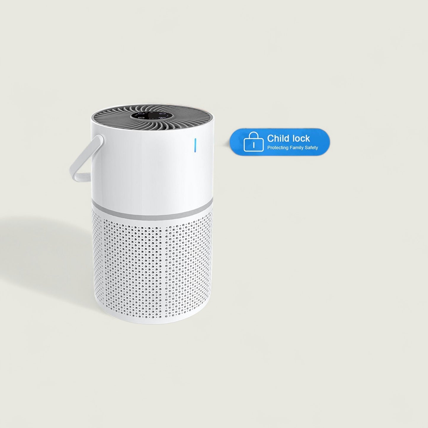 White air purifier with a child lock feature label on a light gray background