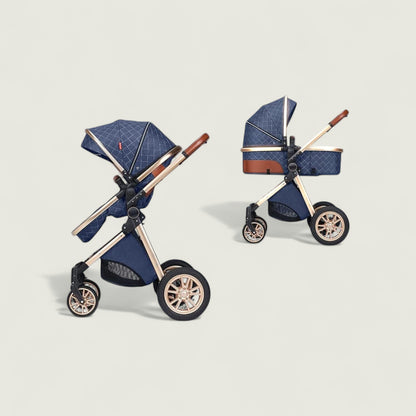 Two baby strollers with blue and gold design on a light gray background