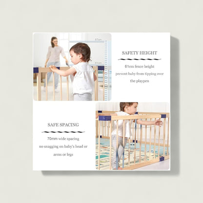Safety guidelines for a baby playpen with text on spacing and height.