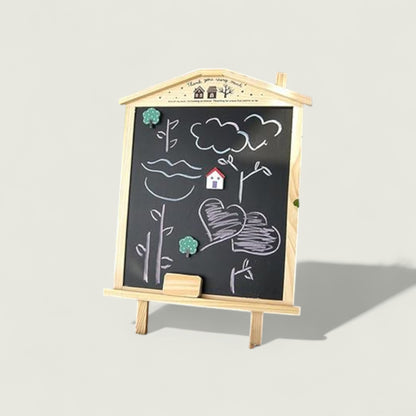 Blackboard with wooden frame and stand, featuring simple drawings on a light gray background