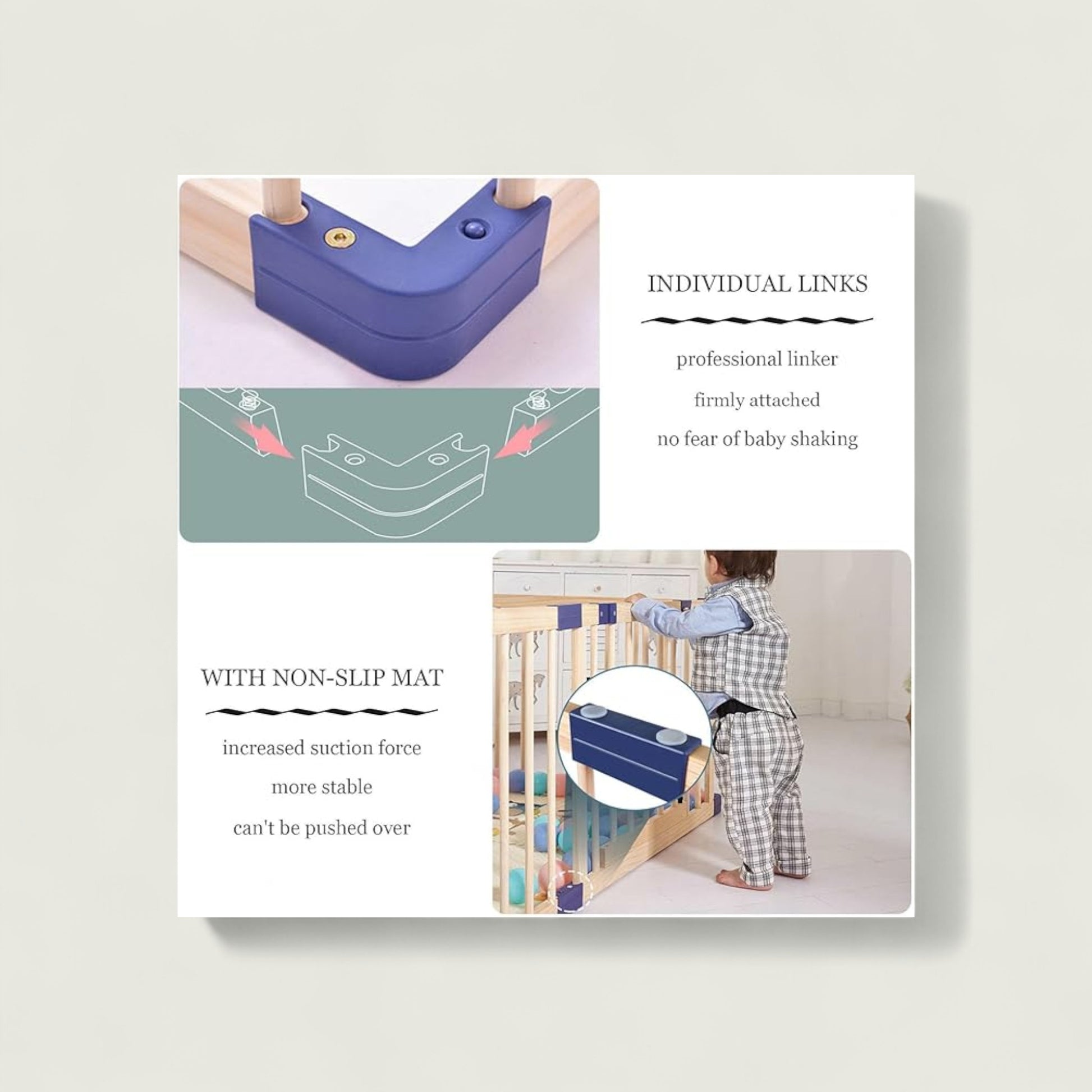 Product packaging with text and images of a safety gate, non-slip mat, and professional linker.