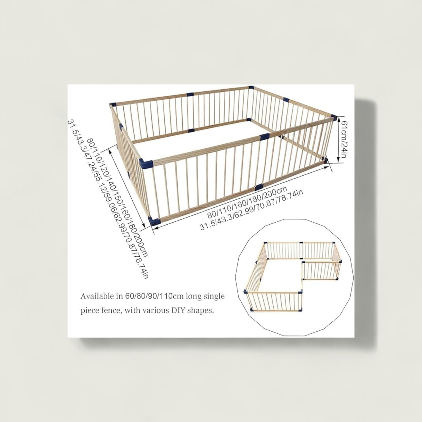 Dimensions and assembly instructions for a metal playpen on a white background