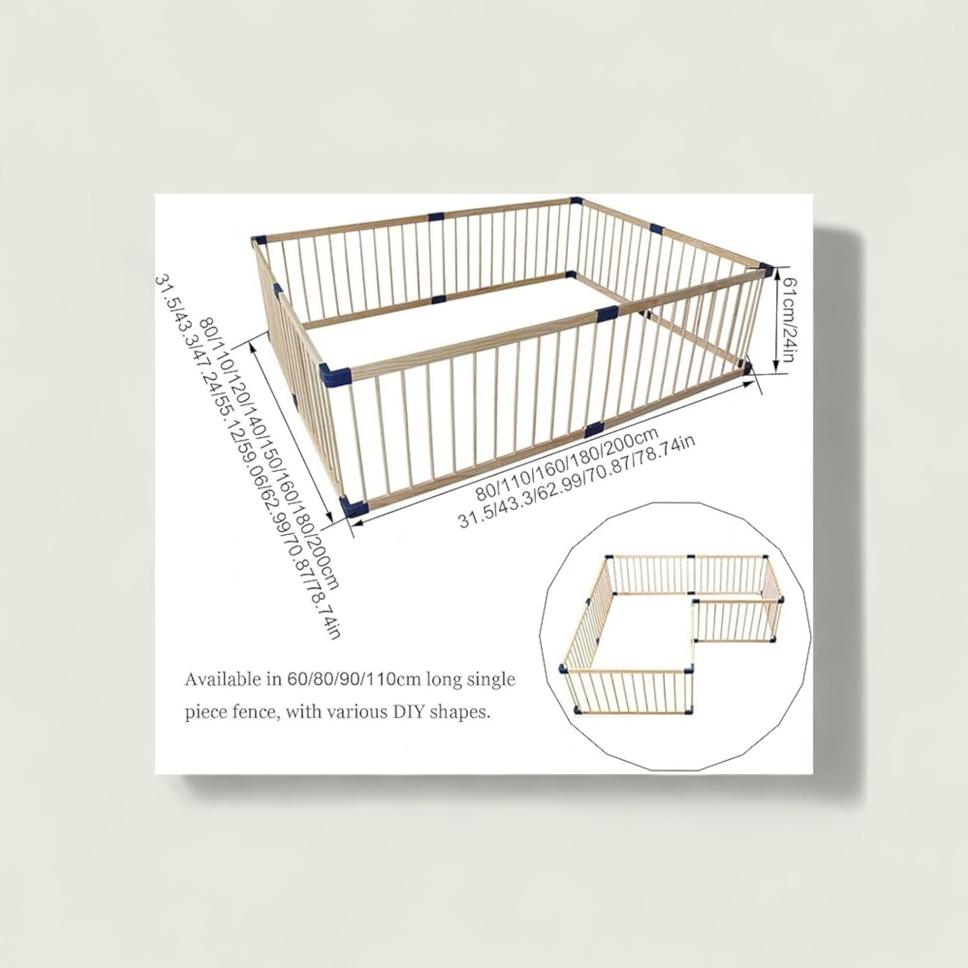 Dimensions and assembly instructions for a metal playpen on a white background