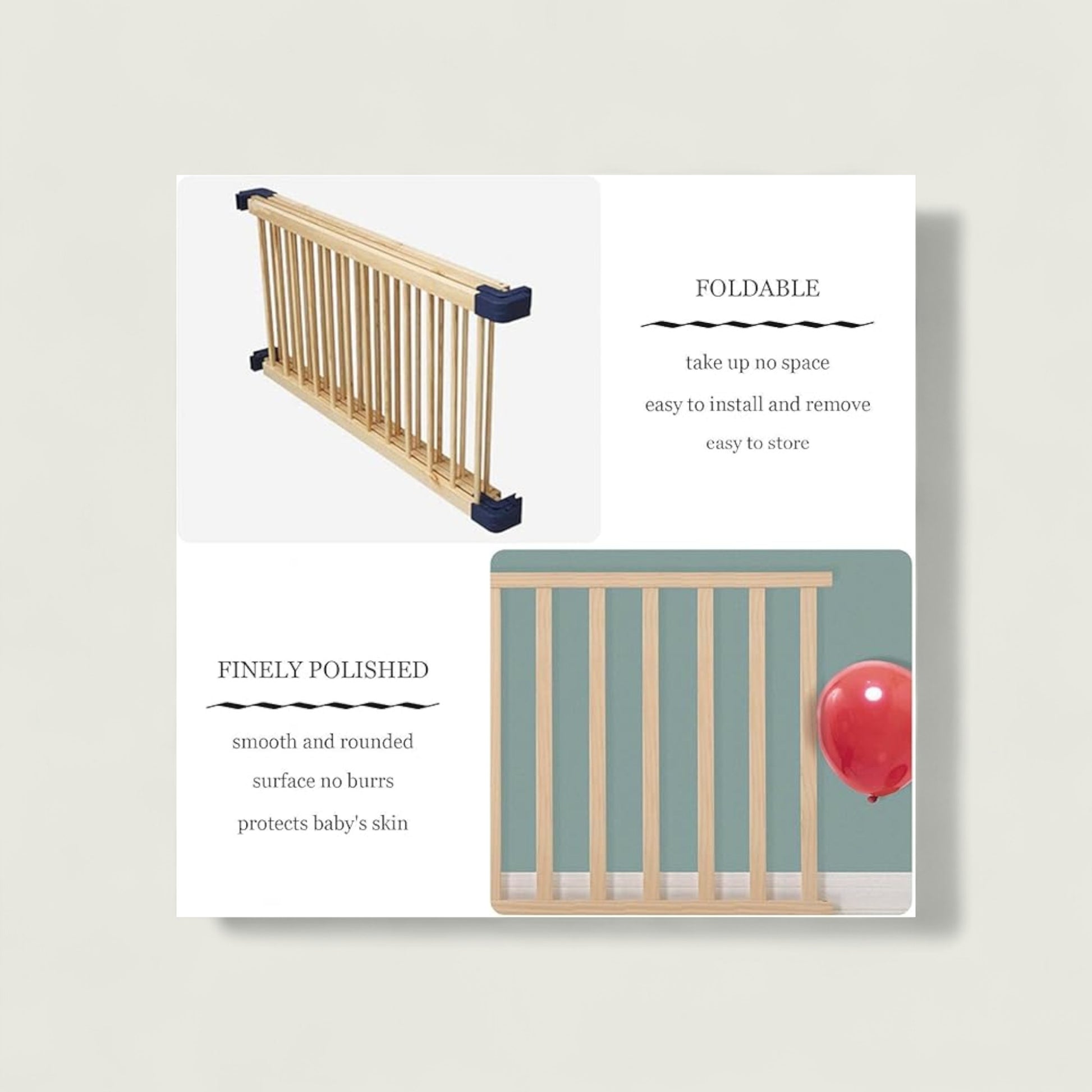 Wooden baby gate with text highlighting features on a white background