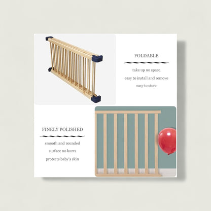 Wooden baby gate with text highlighting features on a white background