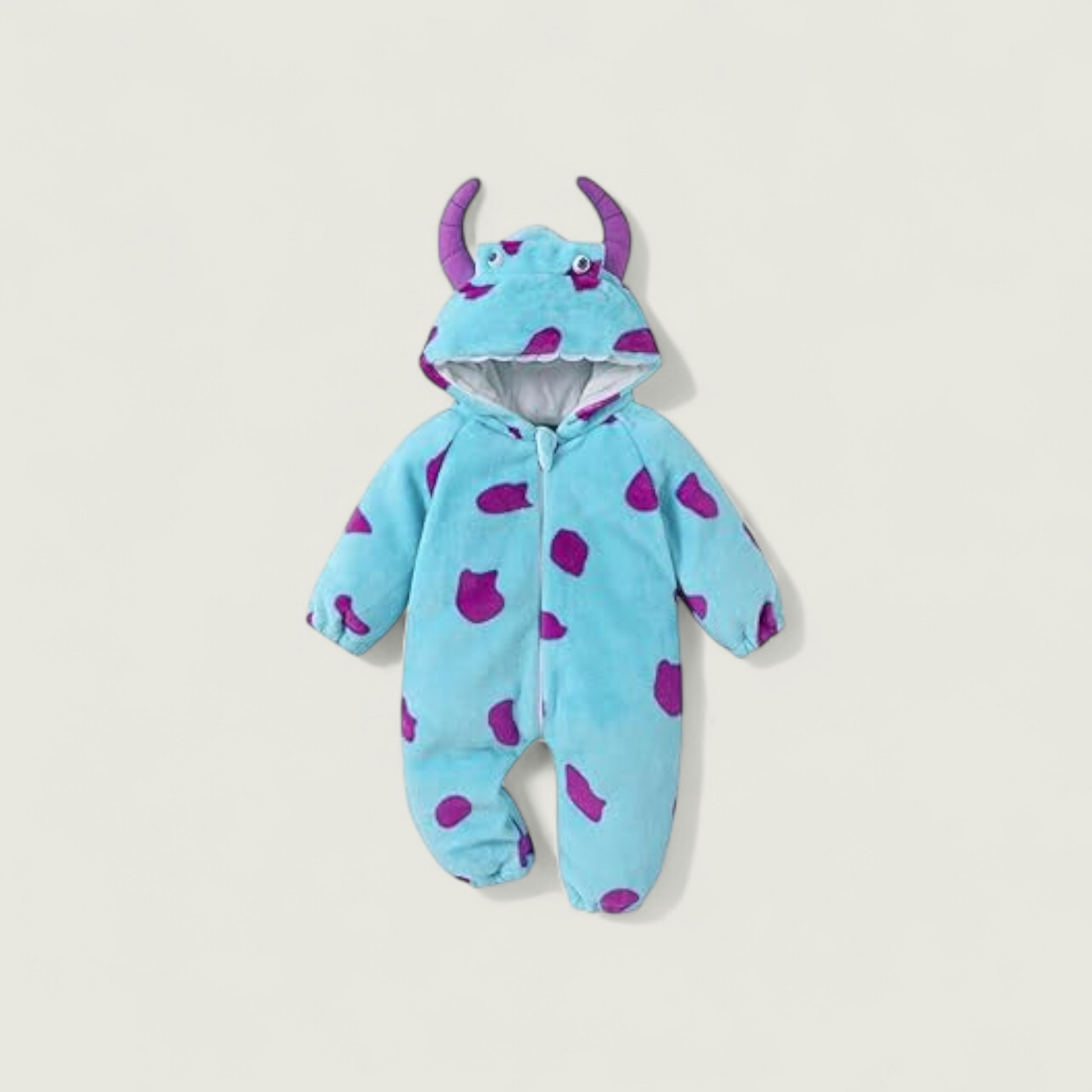 Blue baby onesie with purple polka dots and hood on a beige background