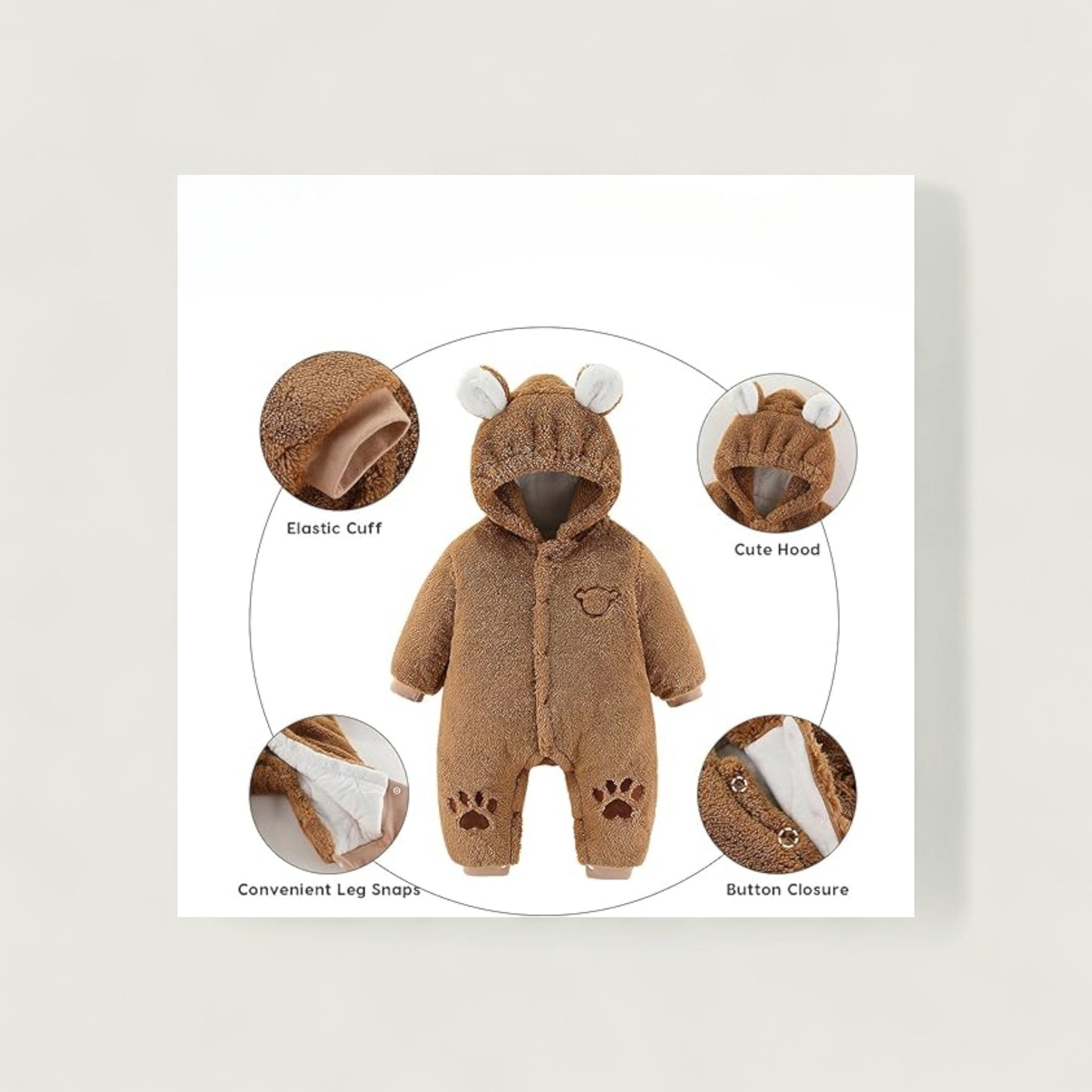 Brown baby onesie with bear ears, surrounded by close-up images of features like elastic cuff, cute hood, convenient leg snaps, and button closure.