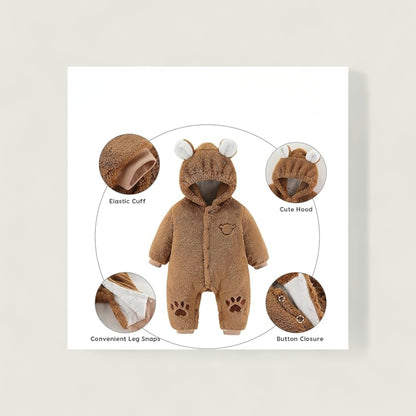 Brown baby onesie with bear ears, surrounded by close-up images of features like elastic cuff, cute hood, convenient leg snaps, and button closure.
