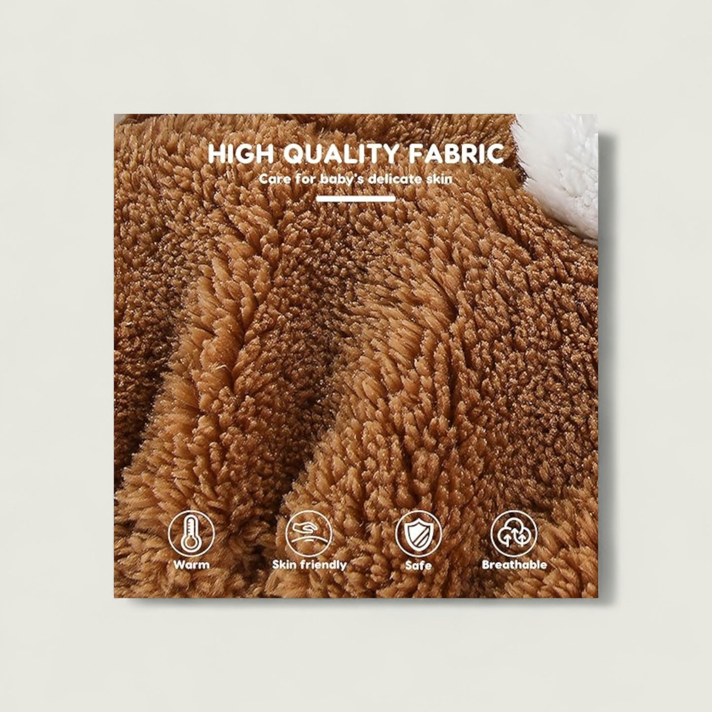 Close-up of high quality fabric with text and icons on a light gray background