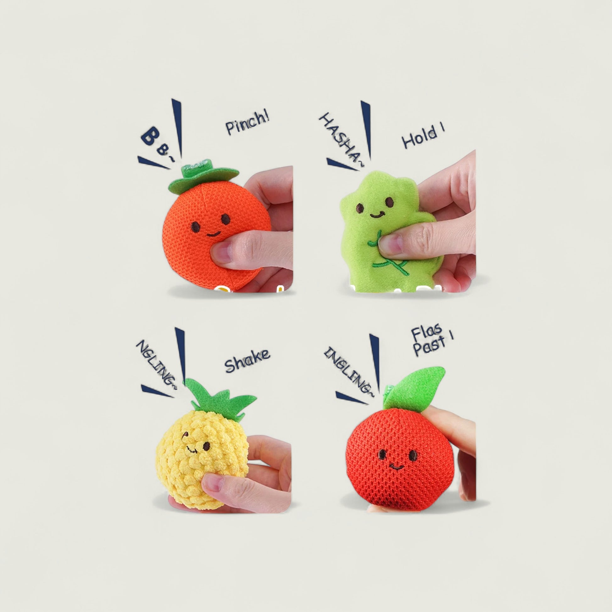 Four colorful plush toys shaped like a carrot, green bean, pineapple, and red pepper with text indicating actions.
