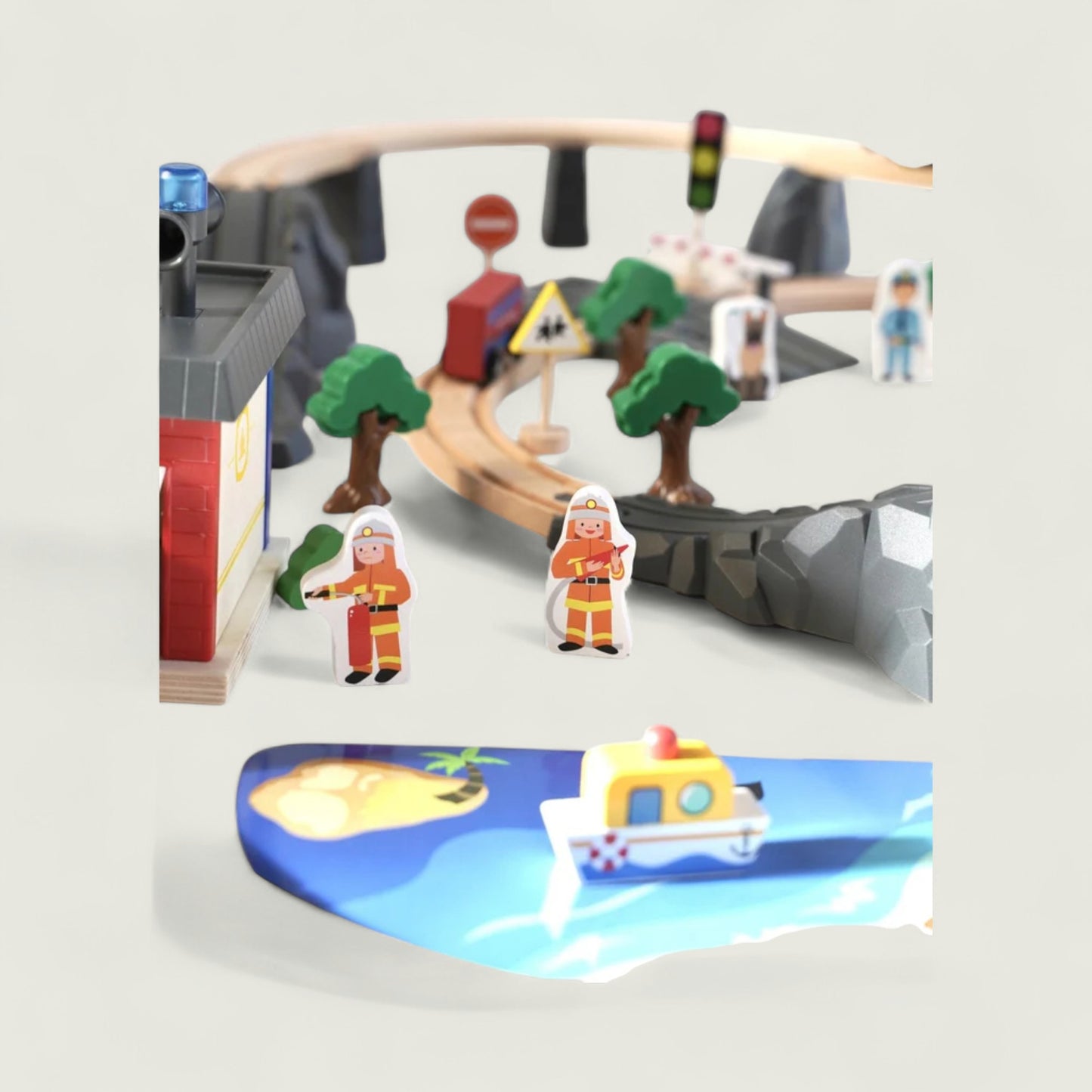 Toy construction set with figurines and a boat on a white background