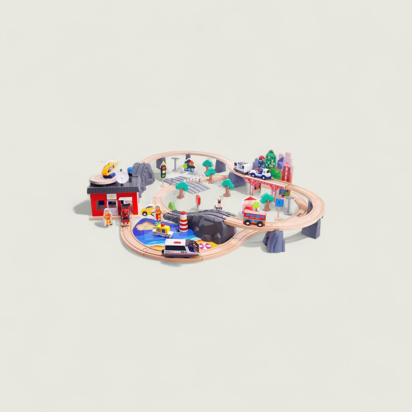 Toy train set with various figures and buildings on a light gray background