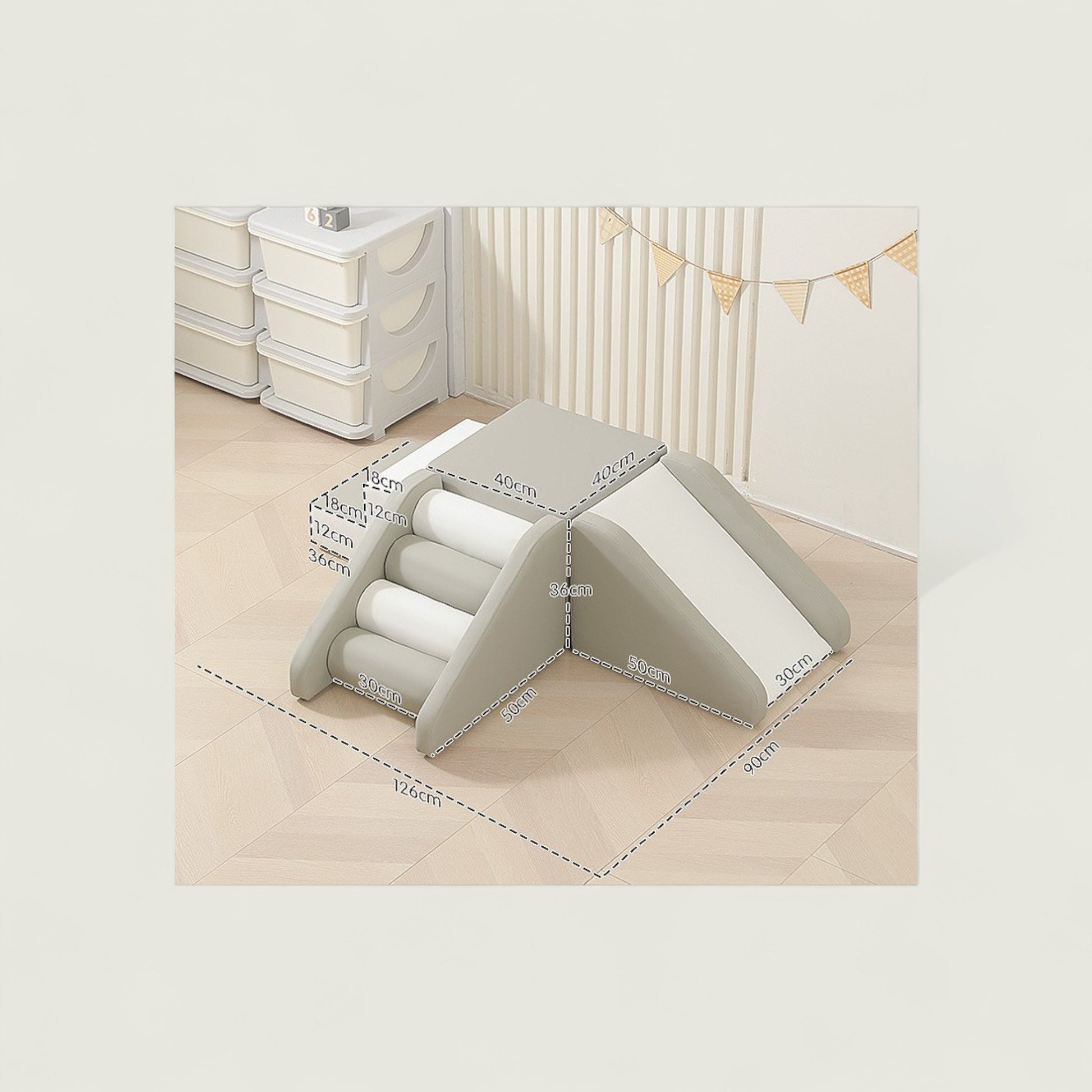 Gray pet playpen with measurements on a light wood floor.