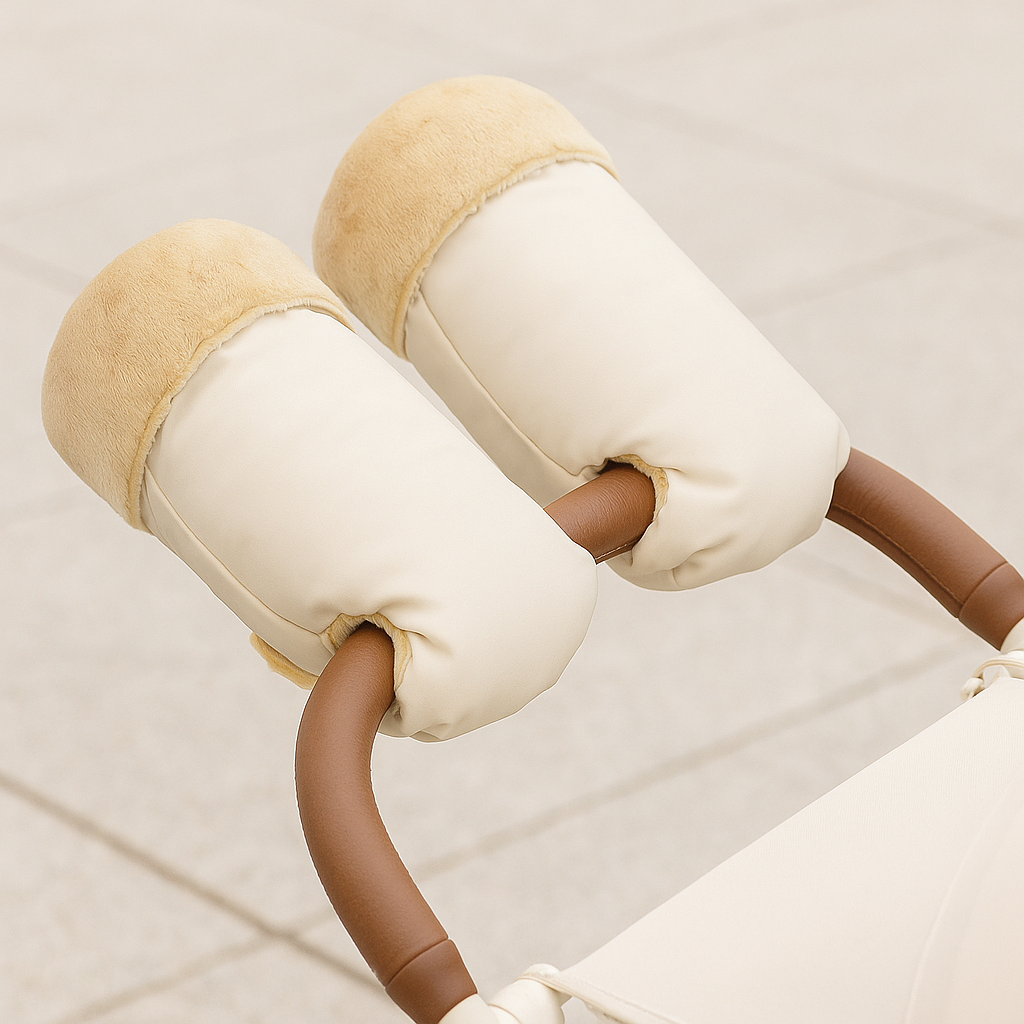 Pair of beige and brown baby bouncer attachments on a light background