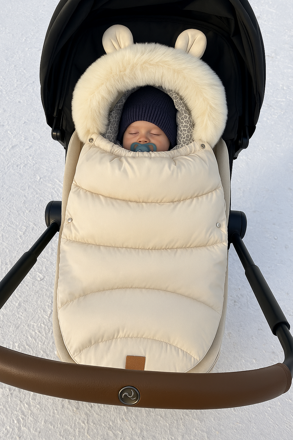 Baby in a beige stroller cover with bear ears on a white background