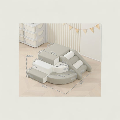 Set of pet stairs with measurements on a light wooden floor.