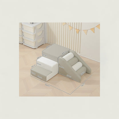 Set of pet stairs with cushioned steps on a light wooden floor.