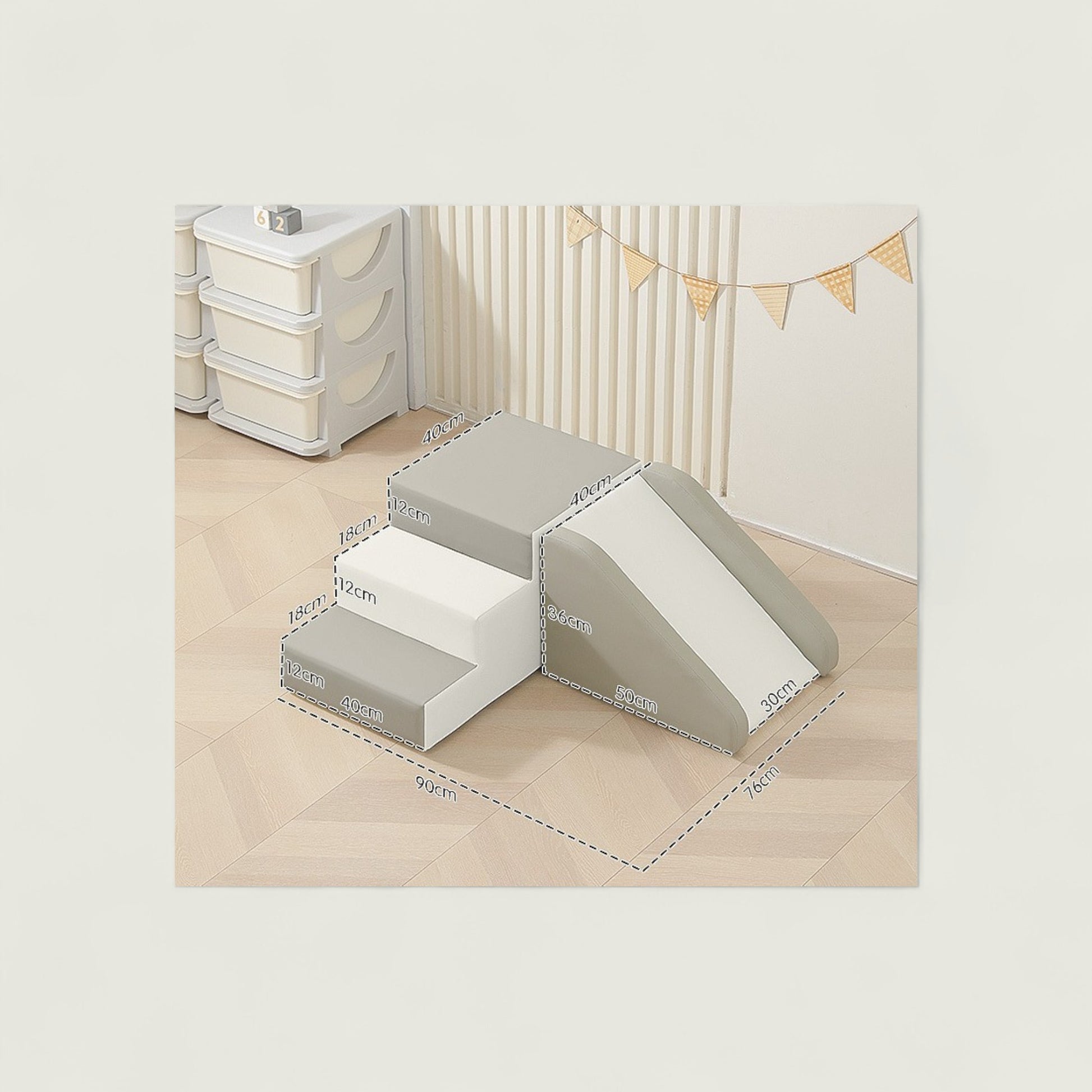 Set of pet steps in a room with a sink and curtains.