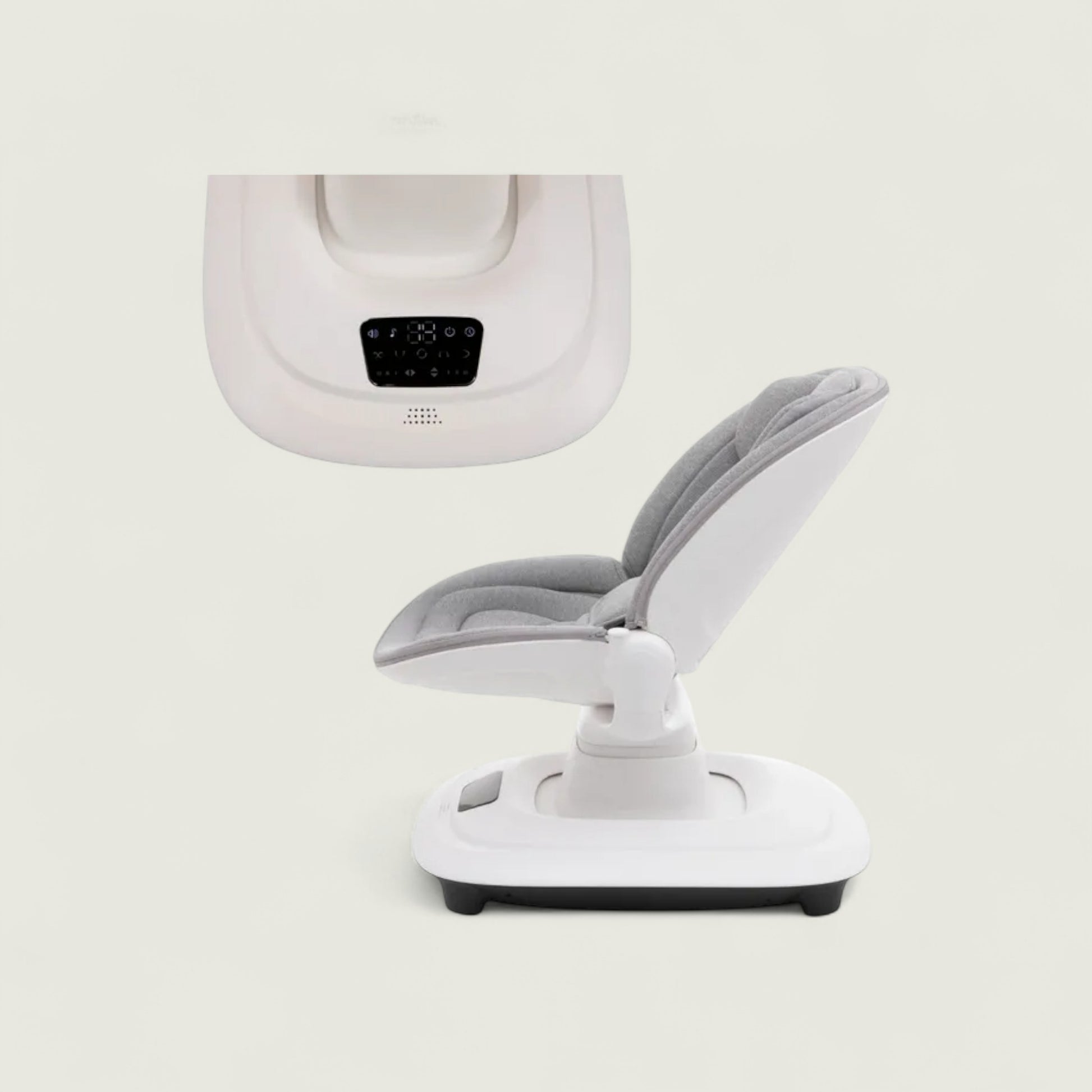 White baby seat with gray cushion on a light beige background