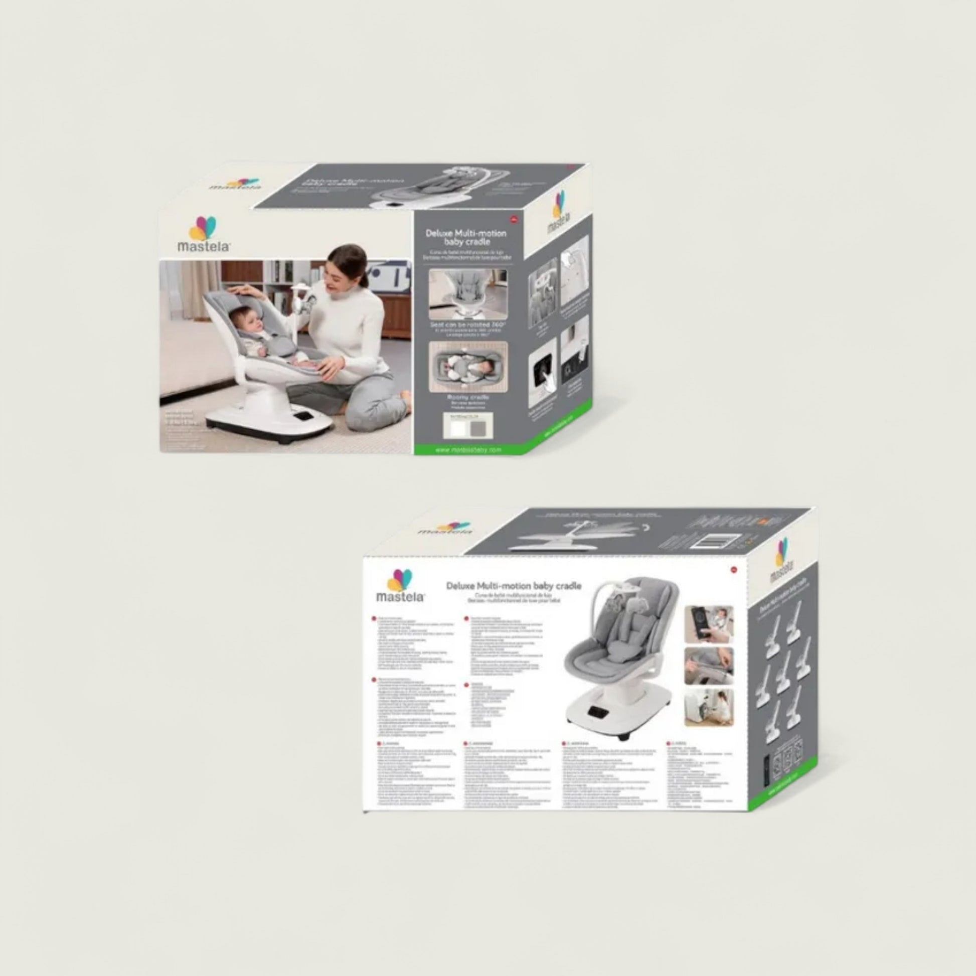 Baby bouncer packaging with images of a woman and baby on a light gray background