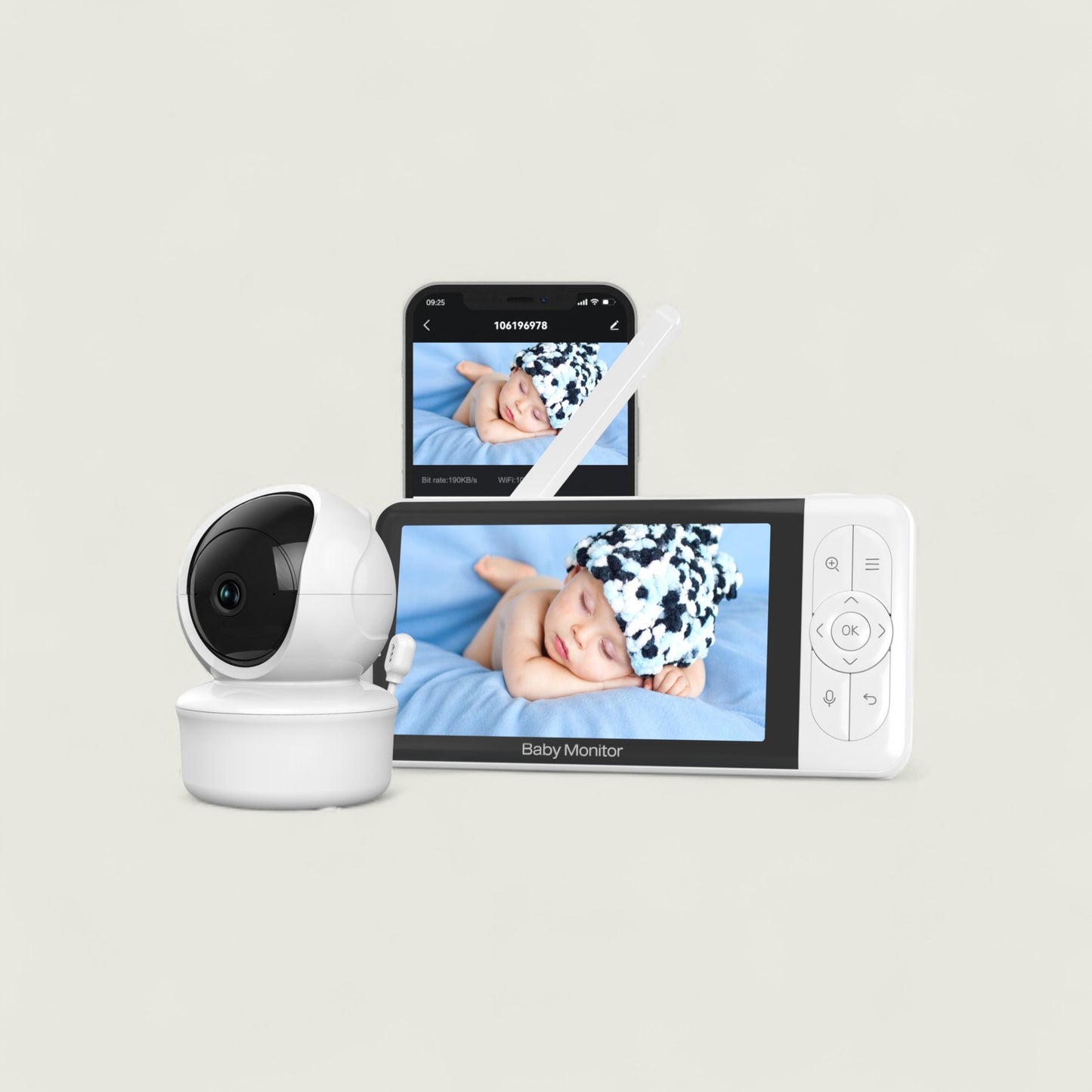 Baby monitor with camera and display showing a baby, on a light gray background