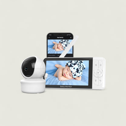 Baby monitor with camera and display showing a baby, on a light gray background