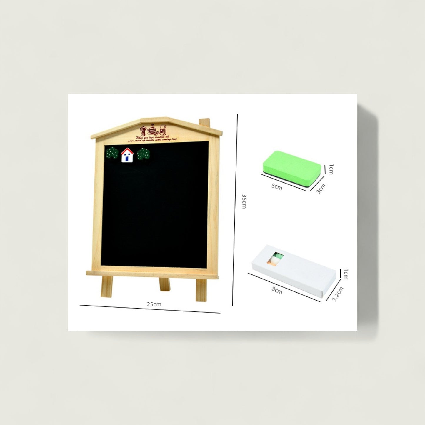 Wooden blackboard with stand and eraser on a white background