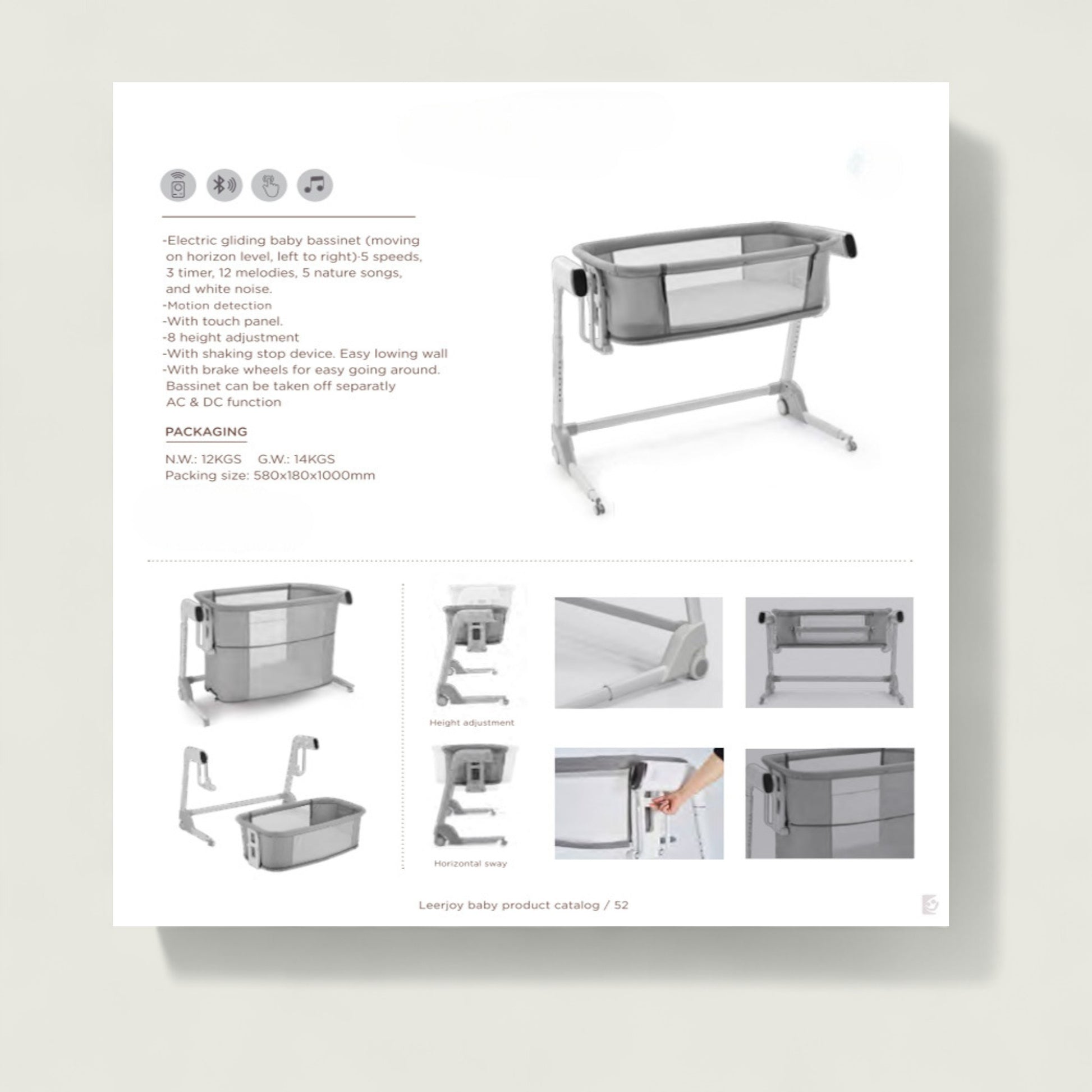 Product catalog page with baby bassinet images and text on a white background