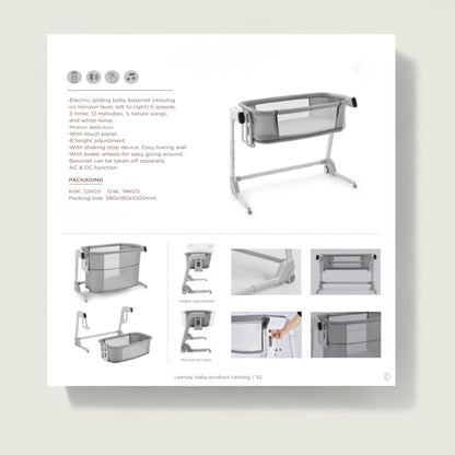 Product catalog page with baby bassinet images and text on a white background