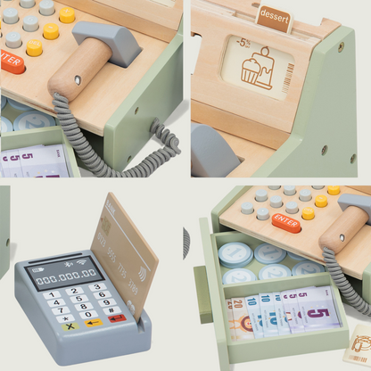 Collage of a toy cash register with various components and a drawer open showing pretend money.