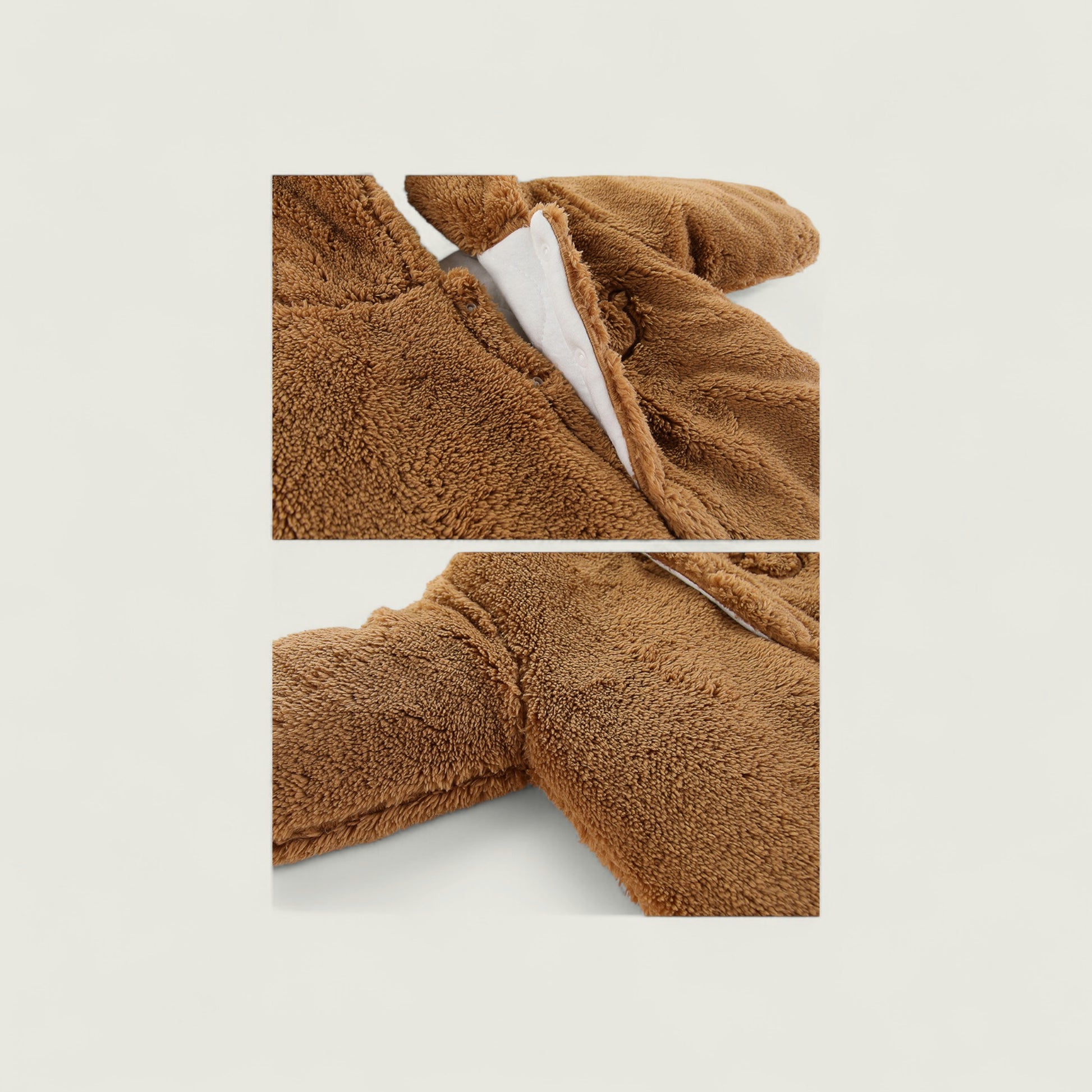 Close-up of brown plush fabric with a soft texture on a light beige background