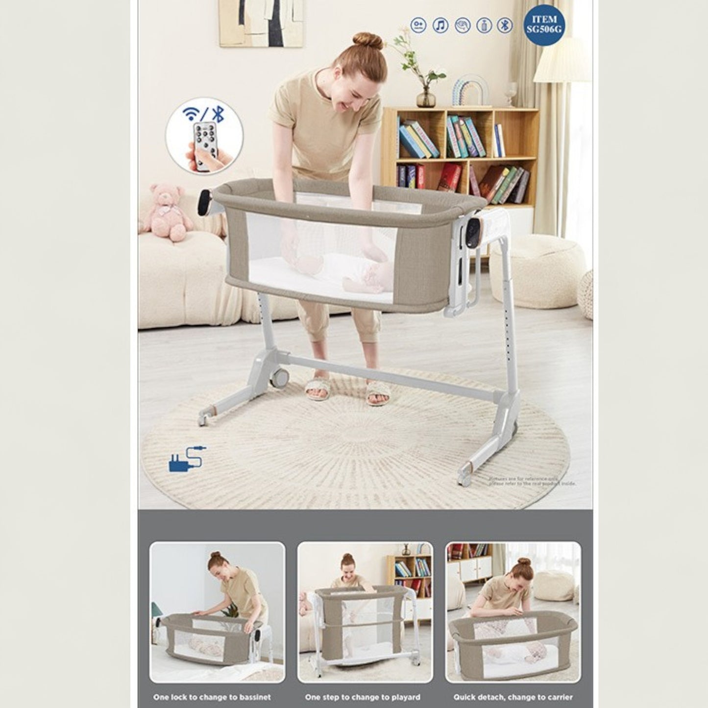 Baby bassinet with woman adjusting it in a living room setting