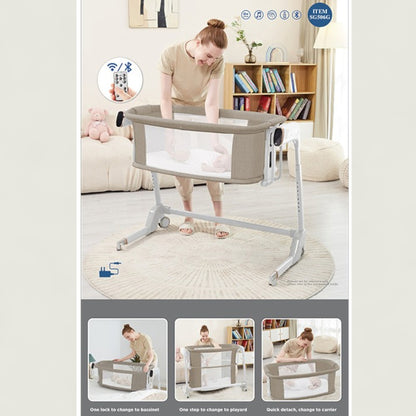 Baby bassinet with woman adjusting it in a living room setting