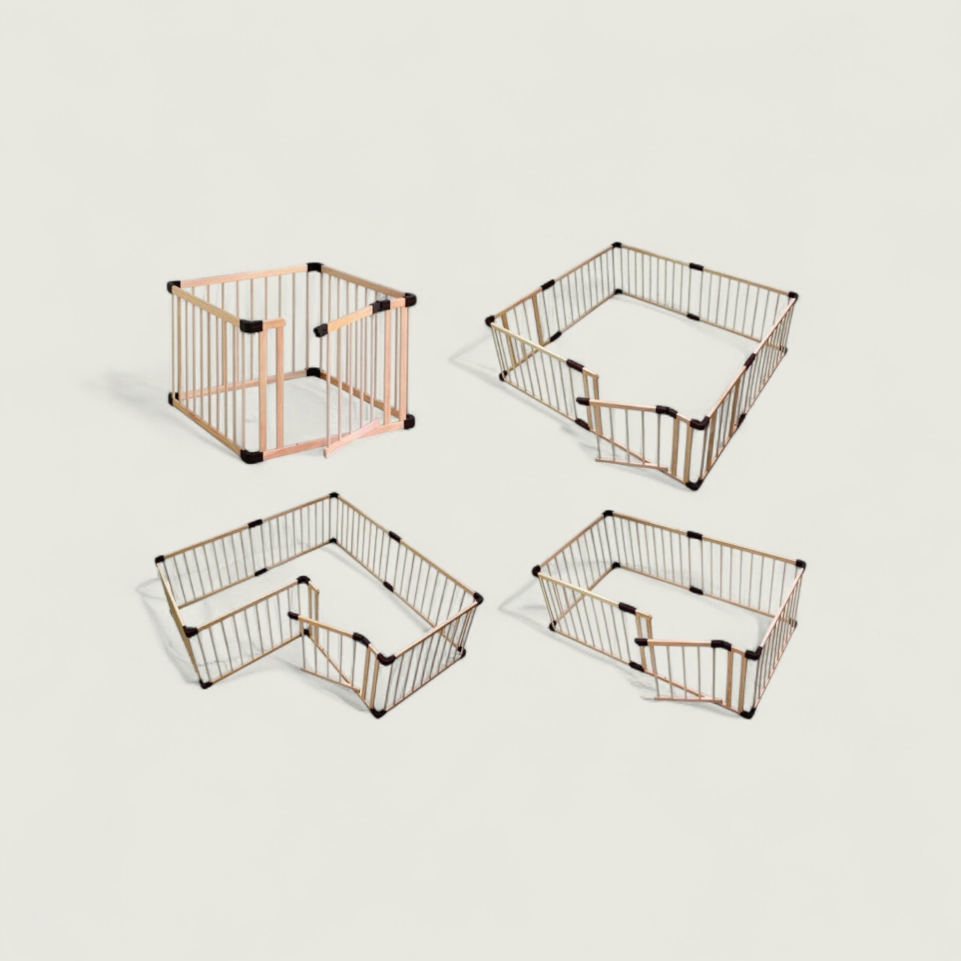 Set of metal pet playpen components on a beige background