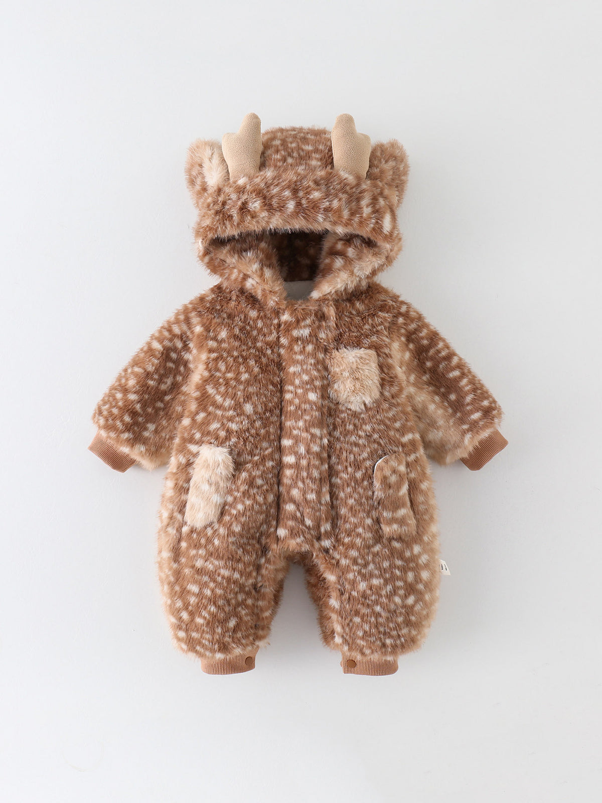 Little Fawn Winter Jumpsuit in spotted faux fur with antler hood