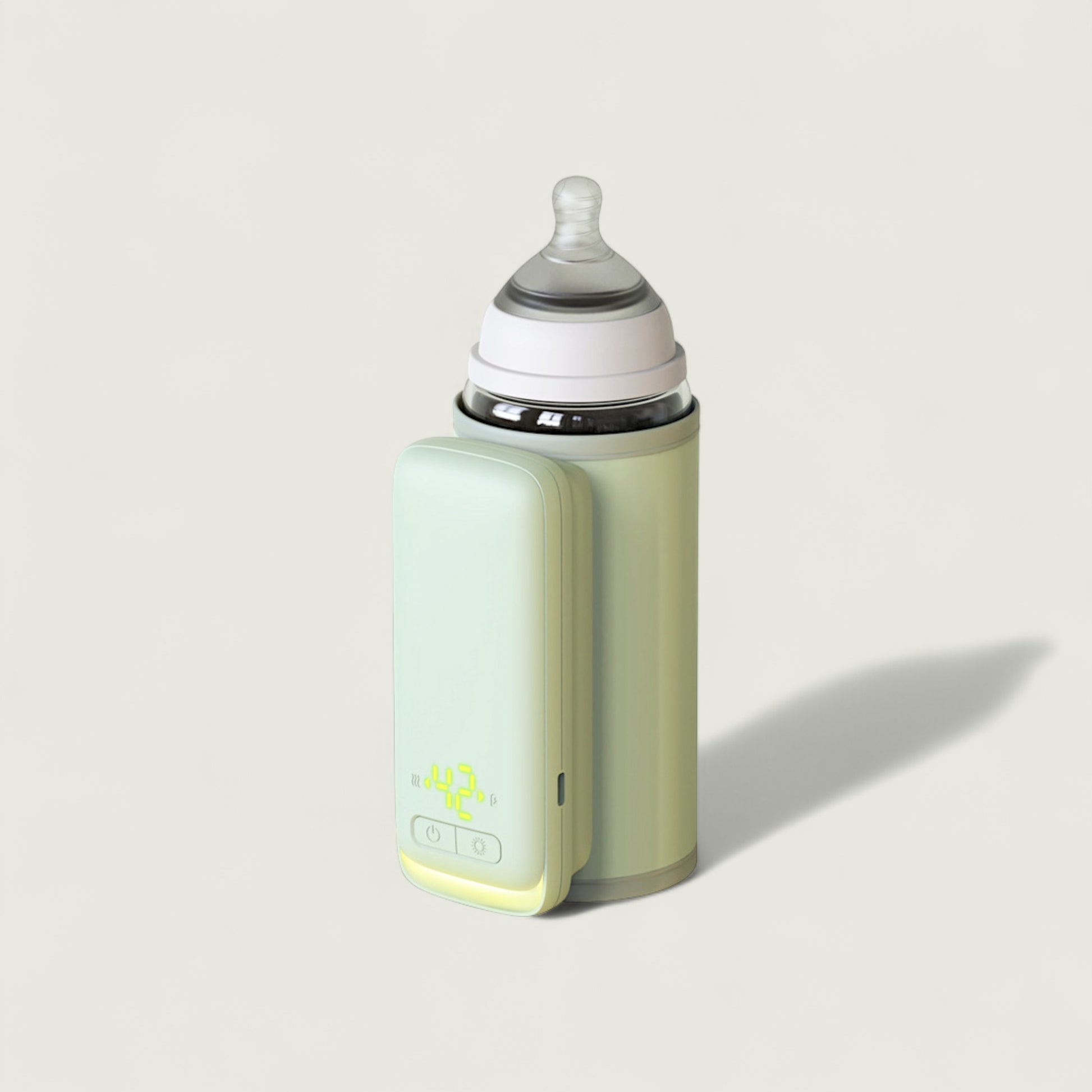 Smart baby bottle with digital display on a light gray background