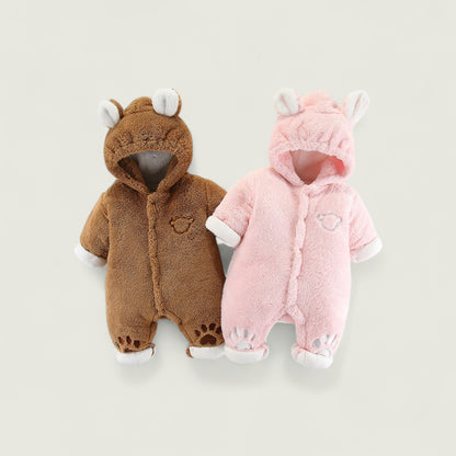 Two baby onesies, one brown and one pink, on a light gray background.