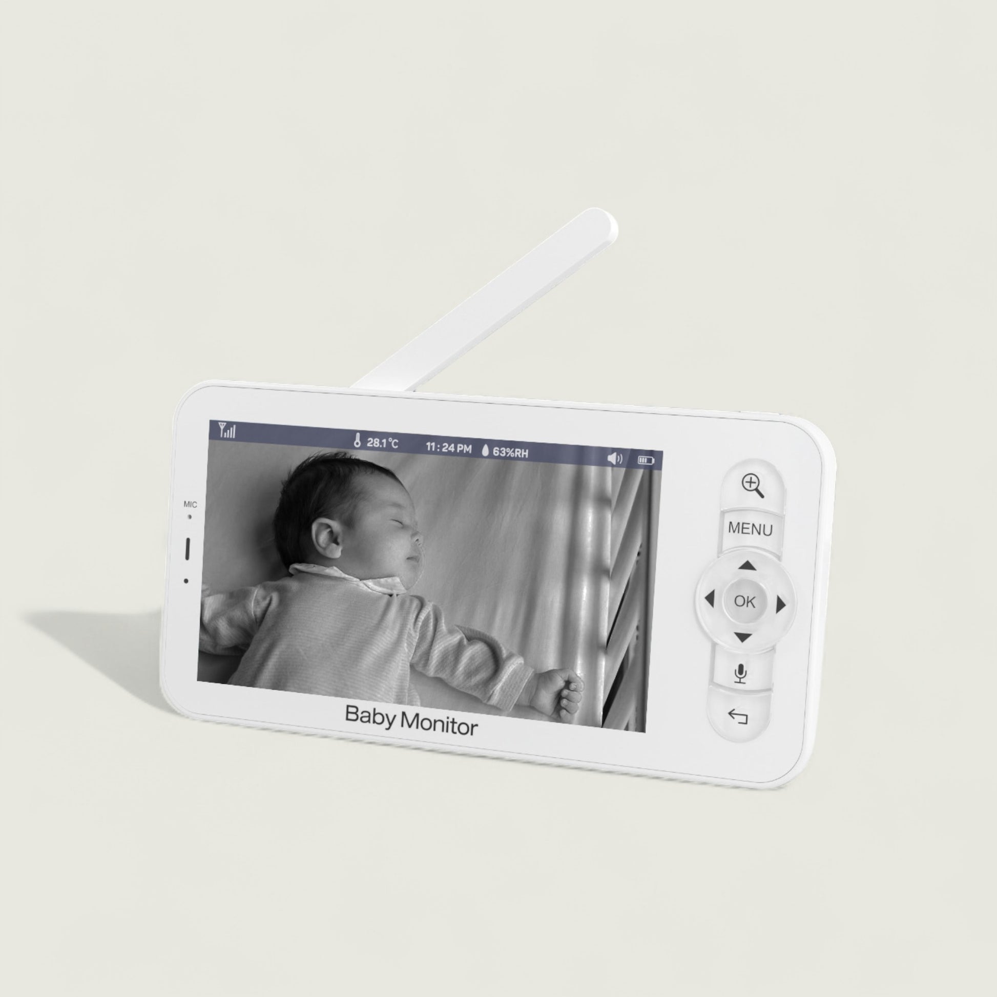 Baby monitor displaying a baby's face on a light gray background