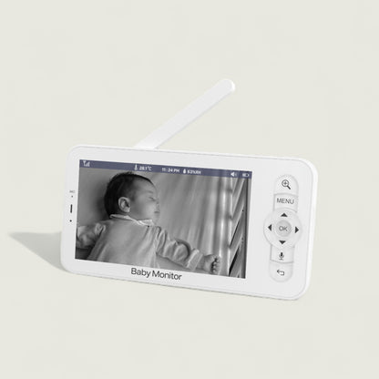 Baby monitor displaying a baby's face on a light gray background