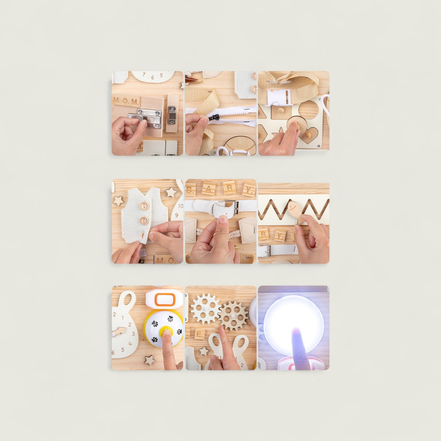 Collage of hands using various cookie cutters on a light gray background