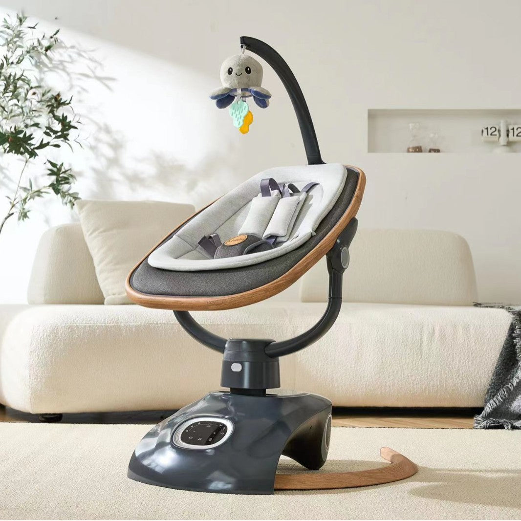 Baby swing with a plush toy in a living room setting
