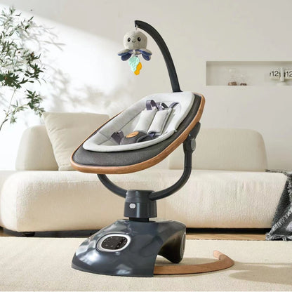 Baby swing with a plush toy in a living room setting