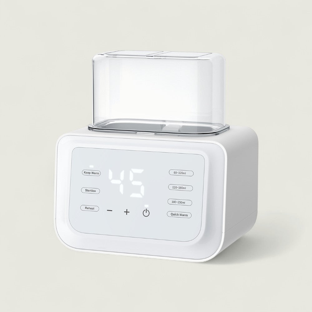 White electronic device with digital display on a light beige background